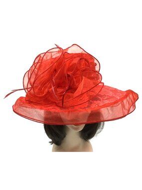 Wide Brim Organza Red Lace Women's Elegant Derby Church Party Hat